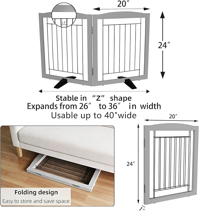 Dog Fence Indoor,Dog Gate Indoor for Doorway pet gate -2-Panel Freestanding, Hallways, House or Stairs -40x24-Inch Retractable Foldable Expandable Wood Pet by SFJC (Grey) ﻿