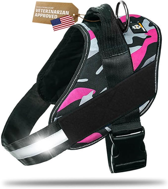 Dog Harness with Patch Panels, No Choke, Reflective, Adjustable, Soft Padded Dog Vest Harness with Easy Control Handle for Medium Sized Dog, Camouflage Pink, M