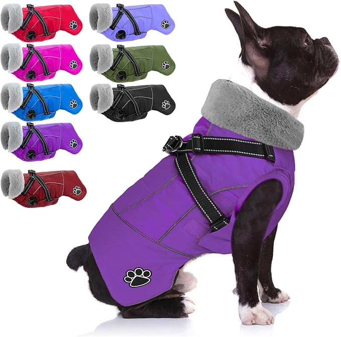 Doglay Dog Jacket Waterproof Dog Coat with Harness Built in, Christmas Puppy Winter Coat Reflective Turtleneck Puffer Snow Jackets for Small Medium Large Dogs