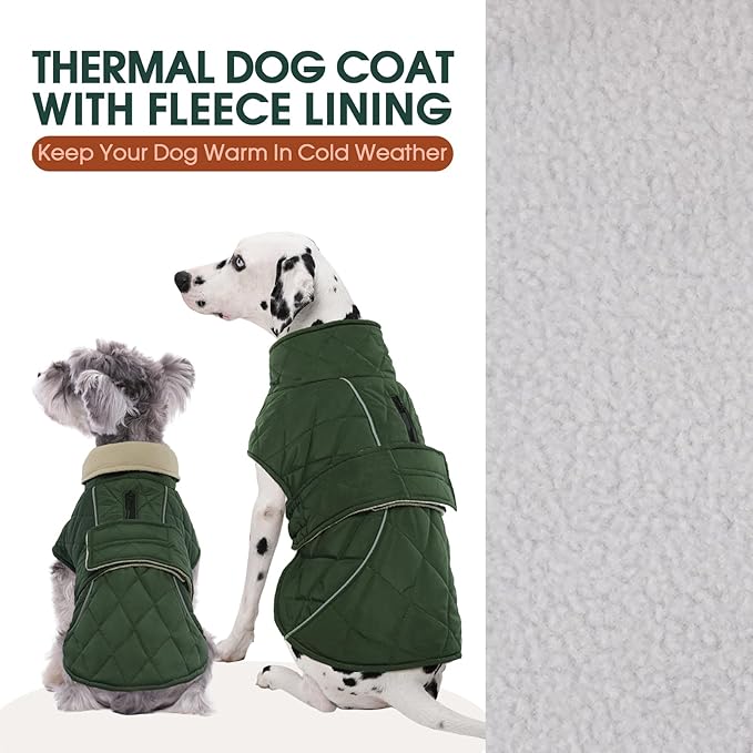 Kuoser Dog Jacket Warm Fleece Lined Dog Coats for Small Dogs, Waterproof Pet Coat Reflective Puppy Snowsuit with Harness Hole for Cold Weather Walking Hiking, Quilted Dogs Winter Vest, Green, S