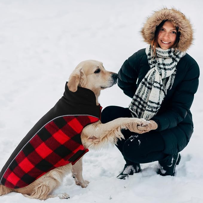 Kuoser Dog Winter Coat, Reversible Waterproof Dog Jacket with Leash Hole, Warm Dogs Fleece Vest Adjustable Doggy Cold Weather Clothes Plaid Christmas Outfit Pet Apparel for Extra Large Dogs, Red 3XL