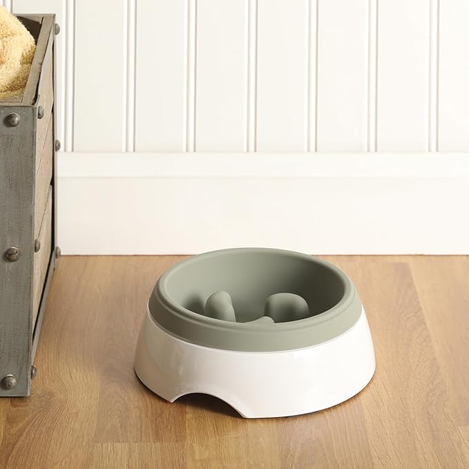 Gibson Home Curious Canines Slow Feeder Dog Bowl, 6.75” Melamine Anti-Gulp Feeding Bowl, Non-Slip, Dishwasher Safe, Green