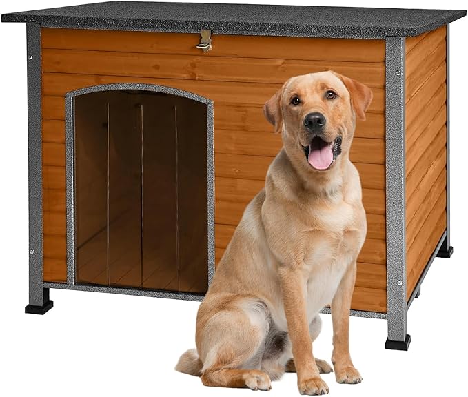 Indoor/Outdoor Dog House with Iron Frame - All-Weather Wooden Pet Shelter for Medium/Large Dogs (Grey, L)
