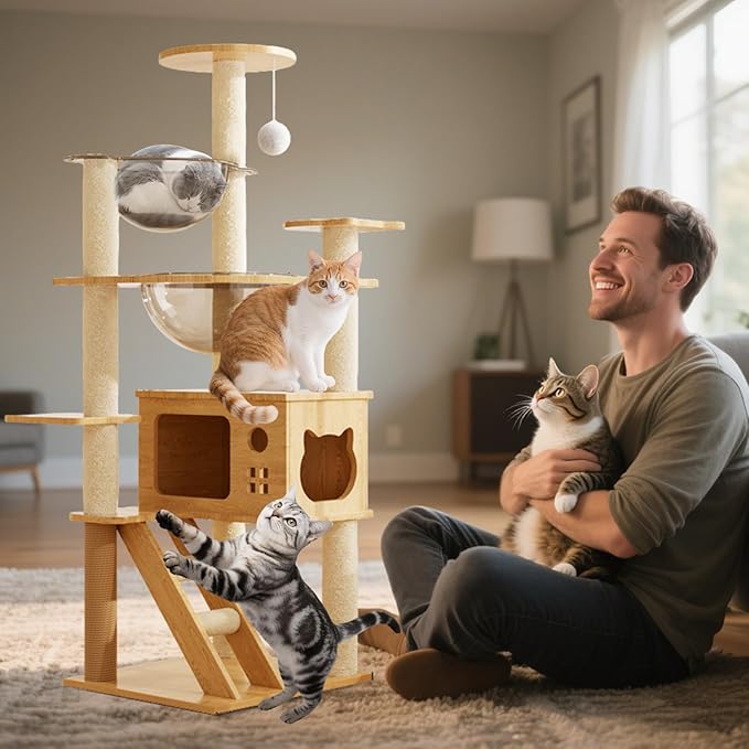 Large Cat Tree,131 Tall Wooden Cat Tower with Spacious Cave,2 Transparent Space Capsule,8 Fully Scratching Posts and Natural Wood Posts, Kitty Condo with Multi-Layer Platform