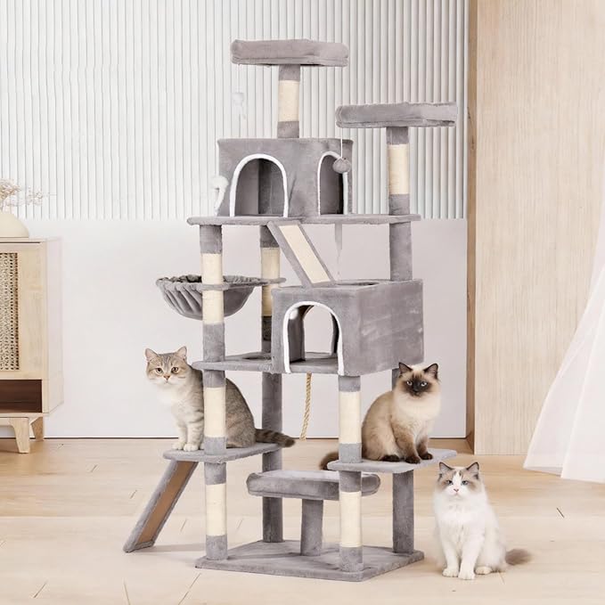 Multi-Level Cat Tree Large Cat Tower with Scratching Posts, Cat Condo for Adult Cats Kittens, Perches and Hammock (Light Gray)