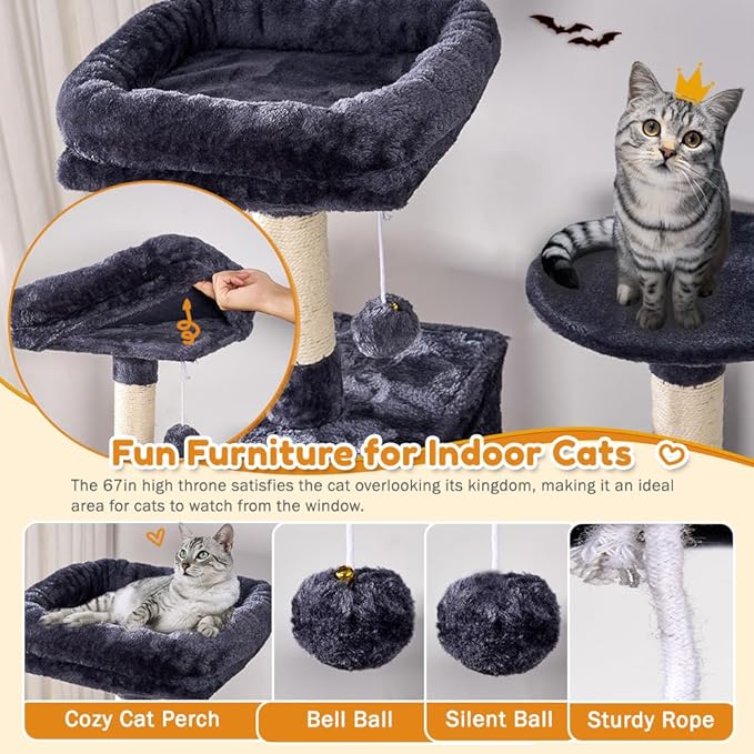 Heavy Duty Cat Tree,67in Multi-Layered Tall Cat Tower for Indoor Large Adult Cats,XL Compact Cat Stand with Hammock,Sisal Scratching Post,Removable Plush Perch,Condo,Dark Gray (Dark Gray)