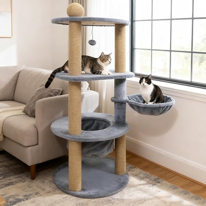 Tangkula Cat Tree for Indoor Cats, 47 Inch Multi-Level Cat Tower with Scratching Posts, Hammock, Basket Bed, Scratcher Ball, Top Perch, Dangling Toy, Cat Climbing Furniture Activity Center (Gray)