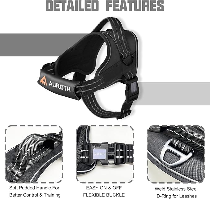 AUROTH Dog Harness and Leash Set, Soft Padded Service Dog Vest with 5.25FT Dog Leash, No Choke, Easy On Pet Vest, Adjustable Reflective No Pull Dog Harness for Large Dogs, Easy Walking and Training