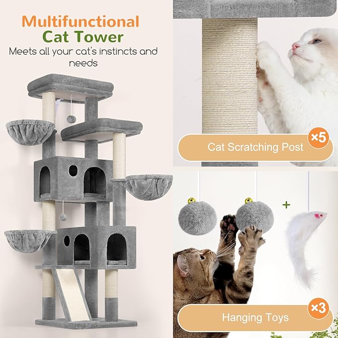 Globlazer Large Cat Tree, 72 inch Tall Cat Climbing Tower for Indoor Large Adult Cats Multi-Level Furniture Tree House with 2 Cozy Perches, 2 Padded Condos, 5 Sisal Scratching Posts, F72G, Light Grey