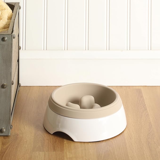 Gibson Home Curious Canines Slow Feeder Dog Bowl, 6.75” Melamine Anti-Gulp Feeding Bowl, Non-Slip, Dishwasher Safe, Taupe