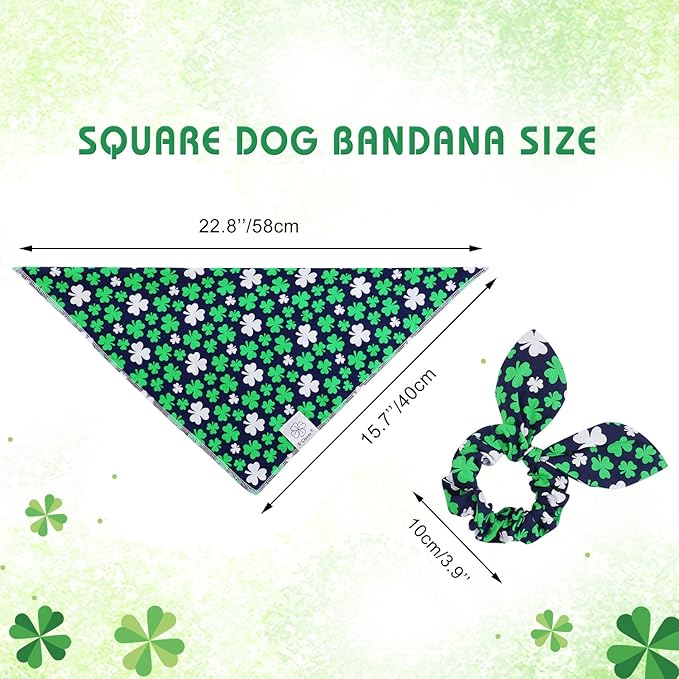 E-Clover St Patrick Dog Bandana Boy & Matching Scrunchie Set Shamrock Lucky Dog Bandanas Scarf with Bow Hair Ties for Small Puppy Dogs Pet Owner Mom Green Spring