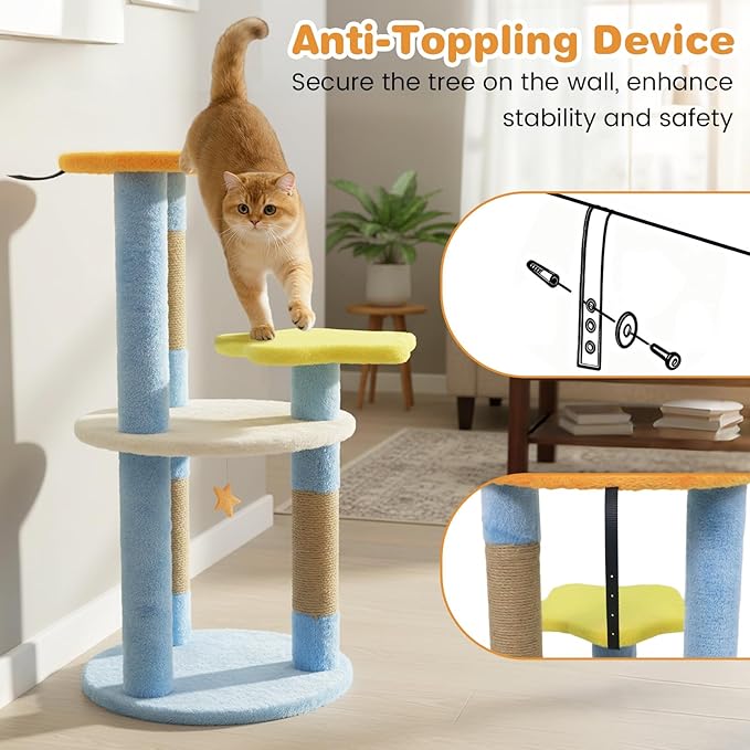 Tangkula Cute Cat Tree, 29 Inch Multi-Level Cat Tower with Jute Scratching Posts, Star & Moon Shaped Platforms, Perch Dangling Toy, Cat Climbing Furniture for Indoor Cats (Blue)