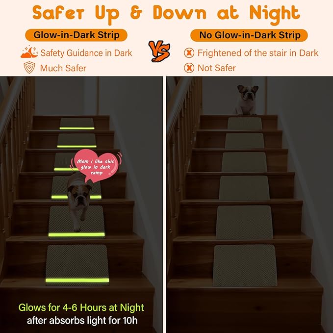 JoyBlooms Dog Ramp for Stairs for Small & Senior Dogs Cats, 40D Density Foam Gentle Slope Non-Slip Dog Stair Ramp with Glow Strip, Pet Ramp with Removable Washable Cover Brown-3pcs