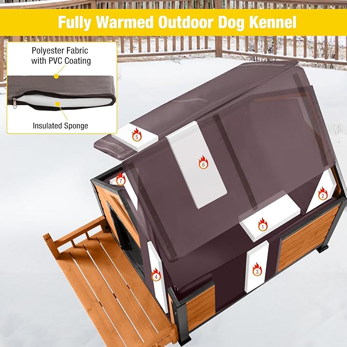 Outdoor Dog House with All-Around Insulated Liner Weatherproof Puppy Shelter Indoor Dog Kennel, Anti-Bite Dog Home for Large Breed with Porch (Brown (Heated Liner), Medium)