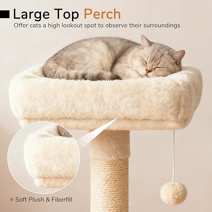 DORTALA Cat Tree for Indoor Cats, 44" Modern Cat Tower with Top Perch, Condo, Hammock, Sisal Scratching Posts, Dangling Balls, Platforms, Multi-Level Pet Climbing Furniture Playground (Beige)
