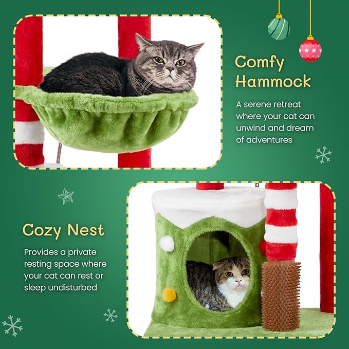 32in Cat Scratching Posts Tower with Cat Condo and Hammock, Christmas Themed Plush Cat Tree with Cat Massage Brush, Activity Center for Indoor Cats