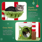 32in Cat Scratching Posts Tower with Cat Condo and Hammock, Christmas Themed Plush Cat Tree with Cat Massage Brush, Activity Center for Indoor Cats