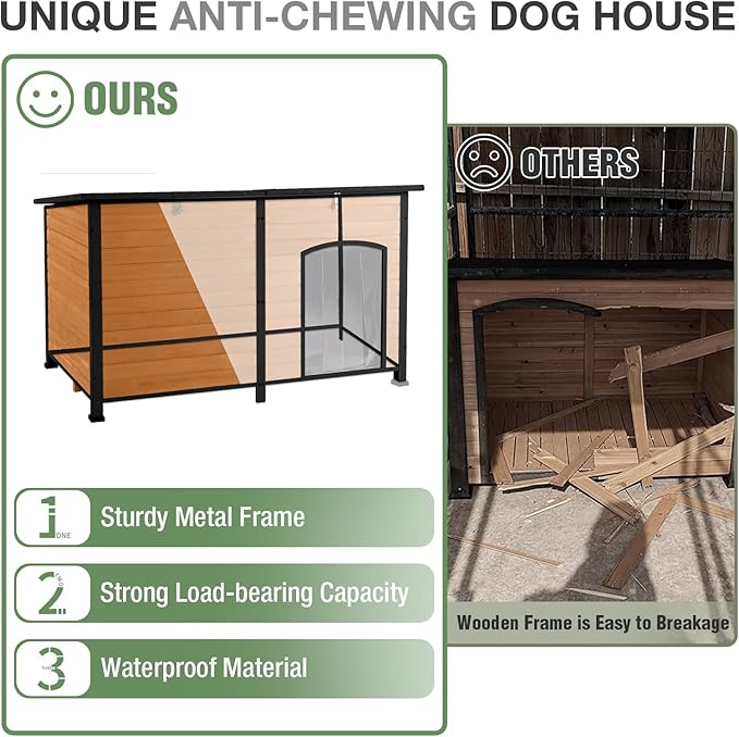 59.1’’ Extra Large Heated Dog House Outdoor for Winter, Insulated Dog Kennel with Metal Frame, Weatherproof Dog Shelter with Heating Pad and All-Around Insulated Liner for Large Breed Outside (Brown)