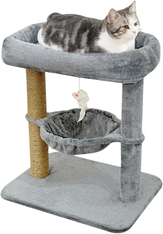 Pawly 24" Cat Tree Tower, Tall Cat Scratching Post with Soft Perch for Window Viewing, Large Bed for Big Cats, Stable & Compact Cat Tower with Hammock, Gray