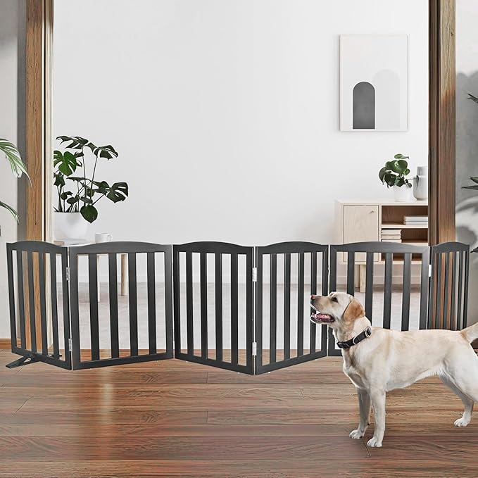 Freestanding Dog Gate Indoor,Doggie Gate Foldable Pet Gates for Doorways,Stairs or Hallways, Wooden Black Pet Gate for the House, Pet Fence with Support Feet Included,24 "Height-6 Panels