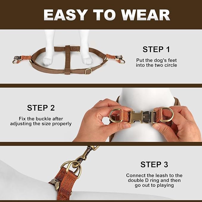 Didog Step in Dog Harness with Metal Buckles, Freedom Nylon Dog Halter Vests for Small Dogs Easy Walking Training(S:Chest 13-22", Brown)