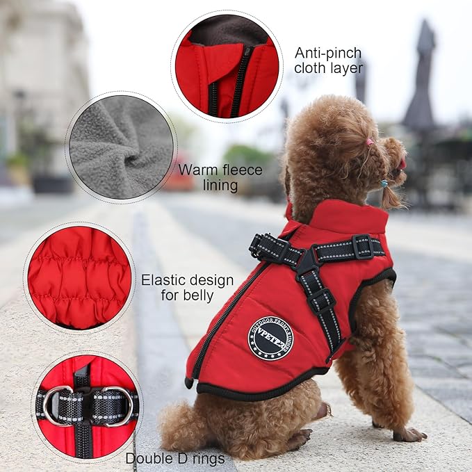 Dog Winter Coat,Warm Jacket Paded Fleece Dog Vest with Built in Harness,Windproof Reflective Cozy Adjustable Snow Pet Coat Clothes with Zipper for Small Medium Dogs