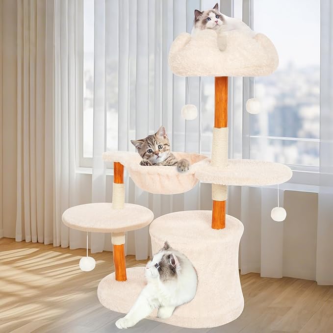 Cute Cat Tree Tower for Indoor Cats Adult, Wood Flower Cat Trees with Cat Hammock, Modern Cat Tree Tower with Scratching Post, Aesthetic Luxury Cats Condo for Cats Kitten(Alpine White)