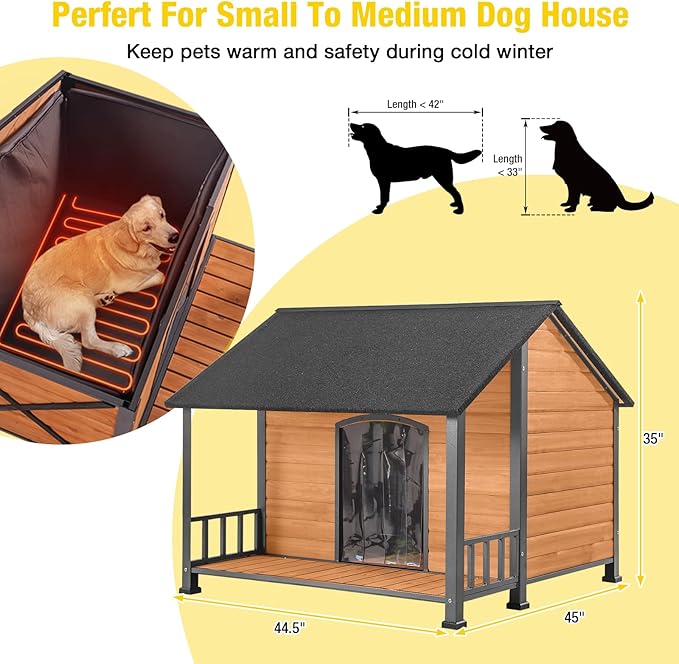 AIVITUVIN Heated Outdoor Dog House for Winter, Large Wooden Dog Kennel with Heated Pad, Insulated Liner, Metal Frame, Waterproof Roof, Raised Base and Porch for Medium to Large Dogs