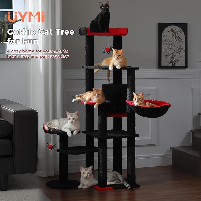Gothic Cat Tree for Large Cats with Coffin Bed, 59" Tall Cat Tower with Spacious Condo, Large Hammock, Scratching Posts and Spider Dangling Balls, Sturdy Play House for Indoor Cats, Black