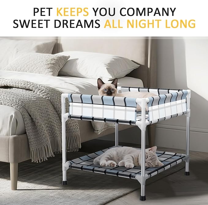 Bedside Window Dog Bunk Bed - Double Elevated Human Dog Bed with Guardrail 2 Layers Window Perch Dogs Cot 2-Tier Bedside Sleeper for Multi-Pet Households (20'' x 20'' x 25'')