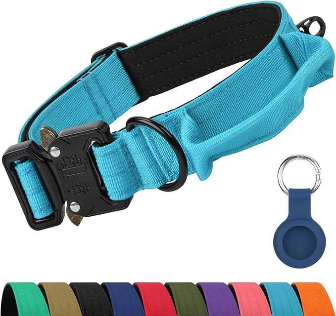 Joytale Tactical Dog Collar for Medium Dogs with Control Handle, Heavy Duty Military Training Collar for Power Breeds, AirTag Holder Case, Quick Release Metal Buckle, Soft Padded, M, Sky Blue