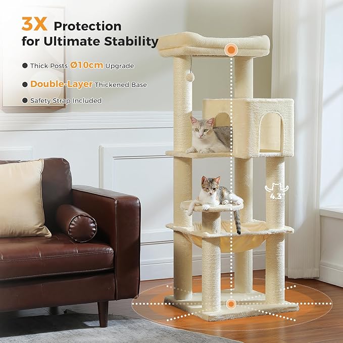 PEQULTI 57.9'' Cat Tree, Multi-Level Tower with Large Top Perch, Thick Scratching Posts and Hammock for Large Indoor Cats up to 20 lbs,Beige