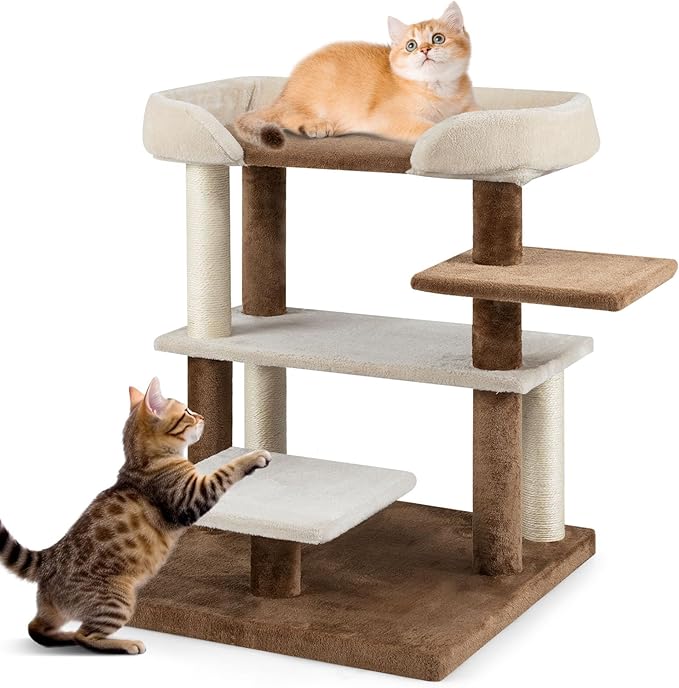 PETSITE 28-inch Small Cat Tree, Multi-Level Modern Cat Tree Tower with Sisal Scratching Posts, Multiple Jumping Platforms, and Soft Spacious Top Perch, Ideal for Elder Cats