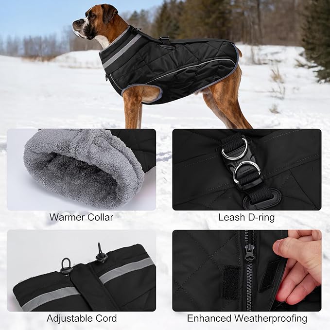 Dog Coat, Warm Dog Winter Coat for Large Dogs, Waterproof Jacket with Harness Built in, Reflective Turtleneck Cold Weather Coats with Zipper,Pet Fleece Vest Snow Jacket, Black XXXL