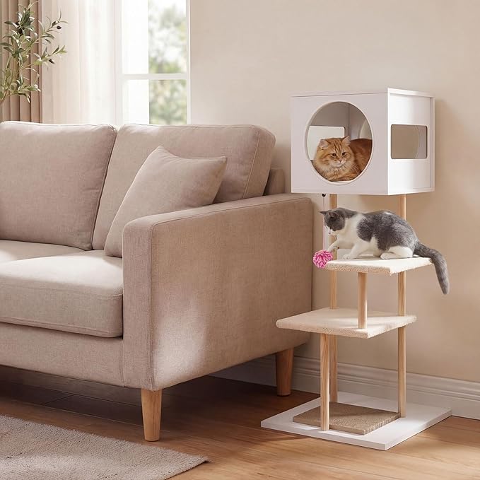 Tangkula Modern Cat Tree, 40 Inches Minimalist Wood Cat Tower with Rubber Wood Posts, 2 Cardboard Scratching Pads, 2-Door Condo, Dangling Ball, Jumping Platforms for Indoor Cats