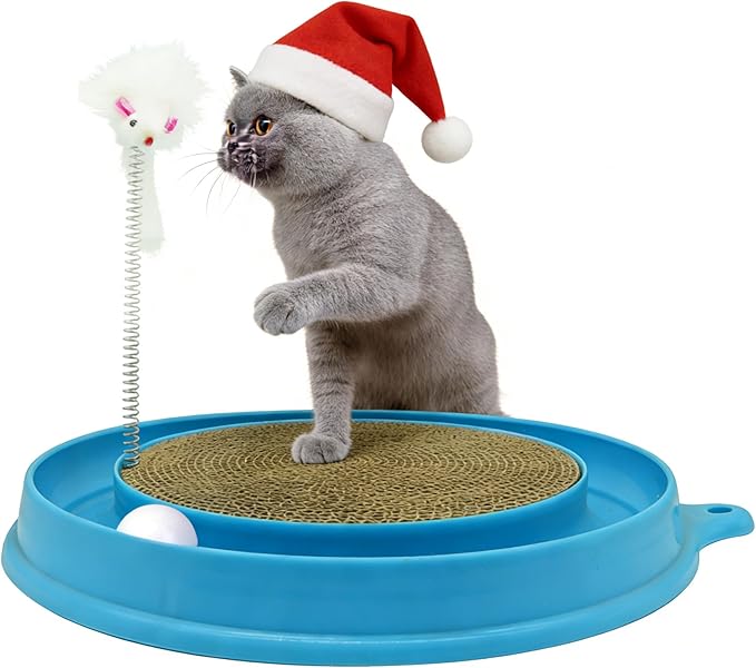 3in1 Cat Scratcher,Round 3 in 1 Interactive Kitten Toys, Scratching Pad with Ball Track and Squeaky Mouse, for Bored Indoor Adult Cats Kitty Scratching Puzzle-Blue
