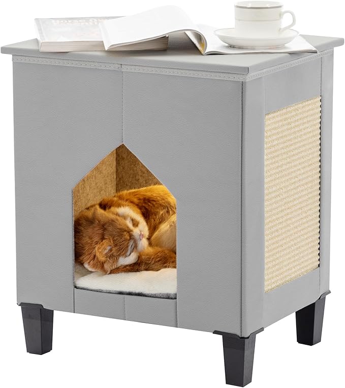 Cat House for Indoor Cats Condo,Cat Furniture with Large Area Scratch Pad，Leather Cat Bed Side Table & Nightstand for Living Room and Bedroom Decoration,Grey