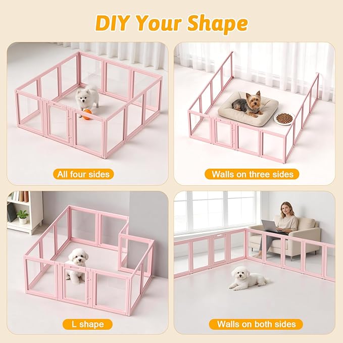 DIY Clear Acrylic Dog Playpen House,Quick Easy Assembly and Disassembly,Strong Floor Suction,Indoor and Outdoor Use,Easy Cleansing Puppy Fence (Skin Pink, 30.3" H, 12PCS)