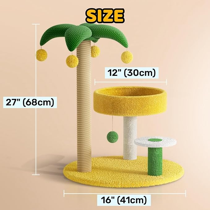 Coconut Palm Cat Tree 27" Cute Cat Tower for Indoor Cats Sisal Covered Scratching Post Dangling Ball Small-Medium Cats