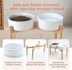 SPUNKYJUNKY Elevated Dog Bowls Ceramic, 8.3'' Dogs Food Water Bowls Raised with Non-Slip Bamboo Stand for Large Sized Breed Microwave Dishwasher Safe - 60 OZ,Paw White