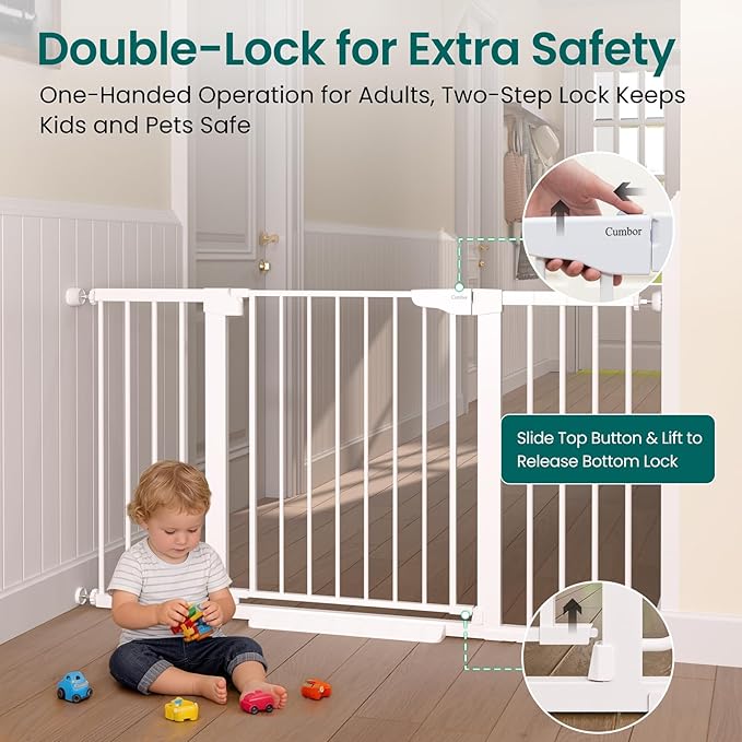 Cumbor 30-54" Extra Wide Baby Gate for Stairs, Dual Lock & Self-Closing Dog Gate Indoor, Easy Install Pet Gate for Doorways, Hallways & Kitchen, Easy Walk Thru Safety Proofing for Babies & Pets, White