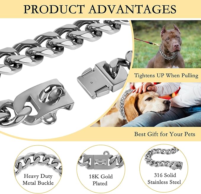 BAOBOTE 23MM Silver Dog Collar,Dog Chain Collars with Cuban Link Dog Collar,Heavy Duty Training Collar Chew Proof for Medium Dogs(18" Silver)