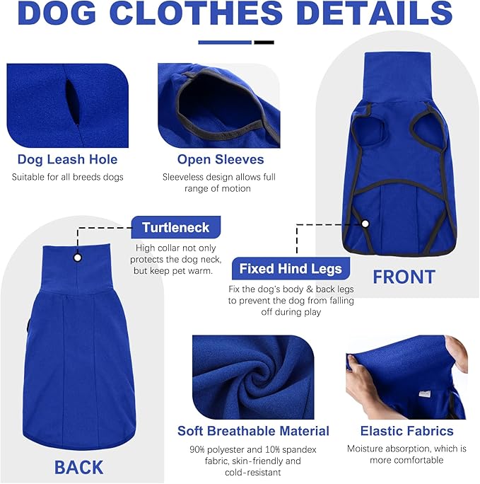 ROZKITCH Dog Fleece Pullover Pajamas with Leash Hole, Pet Windproof Warm Cold Weather Jacket Vest Cozy Jumpsuit Apparel Outfit Clothes for Walking Hiking Travel Sleep Blue XL