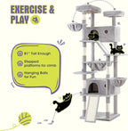 WEEWAY Cat Tree Tower for Indoor Cats,81'' Multi-Level Cat Furniture Activity Center,Stand House Condo Cave,Sisal Scratching Posts Ramps,Plush Perches Platforms Basket Hammock,Grey