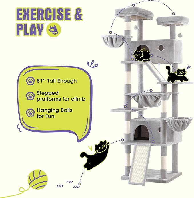 WEEWAY Cat Tree Tower for Indoor Cats,81'' Multi-Level Cat Furniture Activity Center,Stand House Condo Cave,Sisal Scratching Posts Ramps,Plush Perches Platforms Basket Hammock,Grey