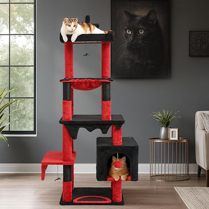 BYBYME Gothic Cat Tree for Halloween, 66in Tall Sturdy Furniture Set with Bed House, Hanging Toy, Scratching Board Sisal-Covered Posts, Multifunctional Cat Play Tower with Hammock（Black Red）