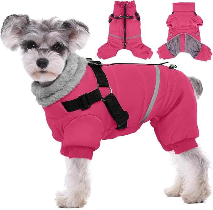 BRKURLEG Dog Winter Coat with Harness Built in, Winter Dog Jacket for Small and Medium Dogs, Small Dogs Snowsuit Reflective Windproof Cold Weather Coat, Puppy Warm Fleece Coats, Hot Pink, XL