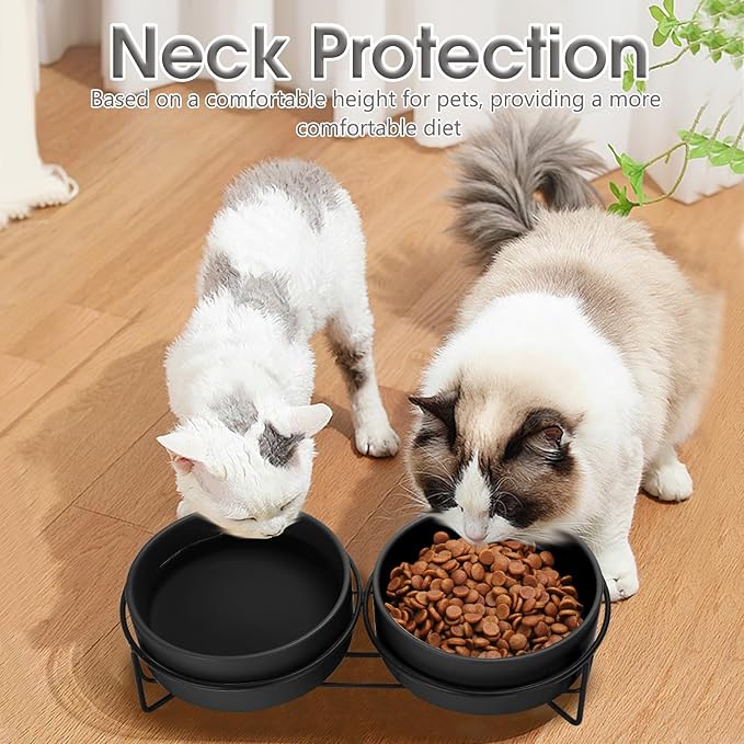 Ceramic Dog and Cat Bowl Set with Stand, 1.7 Cups Dog Food and Water Bowl Suitable for Small and Medium Pets (13.5oz Black)