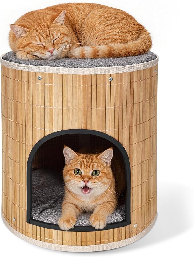 Cat Beds Indoor House, Handwoven Bamboo Cat Cave Pet Cube, Large Cat Houses, 2 Bed Mat, Foldable,Hideaway, 15.9x13.9 Inches, Living Room Bedroom Terrace Home Decoration Natural