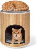 Cat Beds Indoor House, Handwoven Bamboo Cat Cave Pet Cube, Large Cat Houses, 2 Bed Mat, Foldable,Hideaway, 15.9x13.9 Inches, Living Room Bedroom Terrace Home Decoration Natural